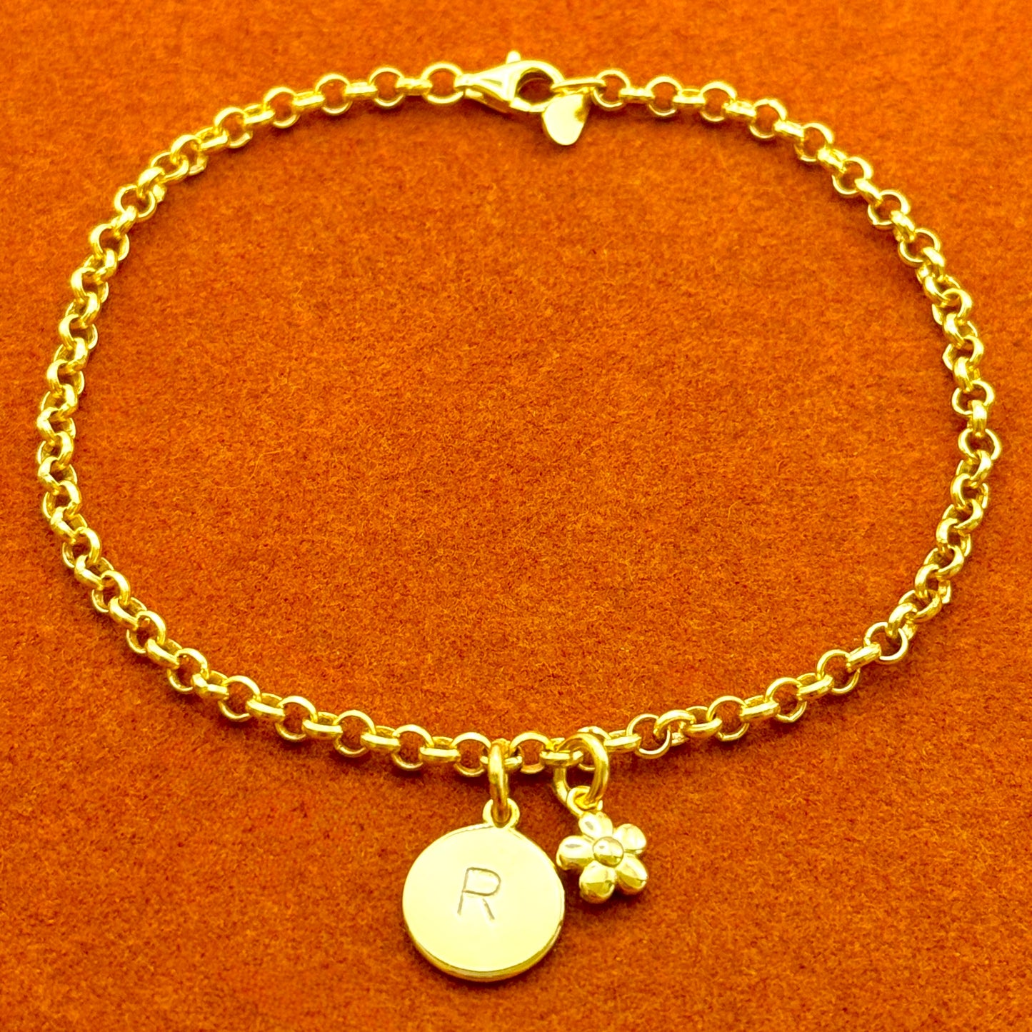 Round Initial with Flower Charm in Rolo Chain Bracelet