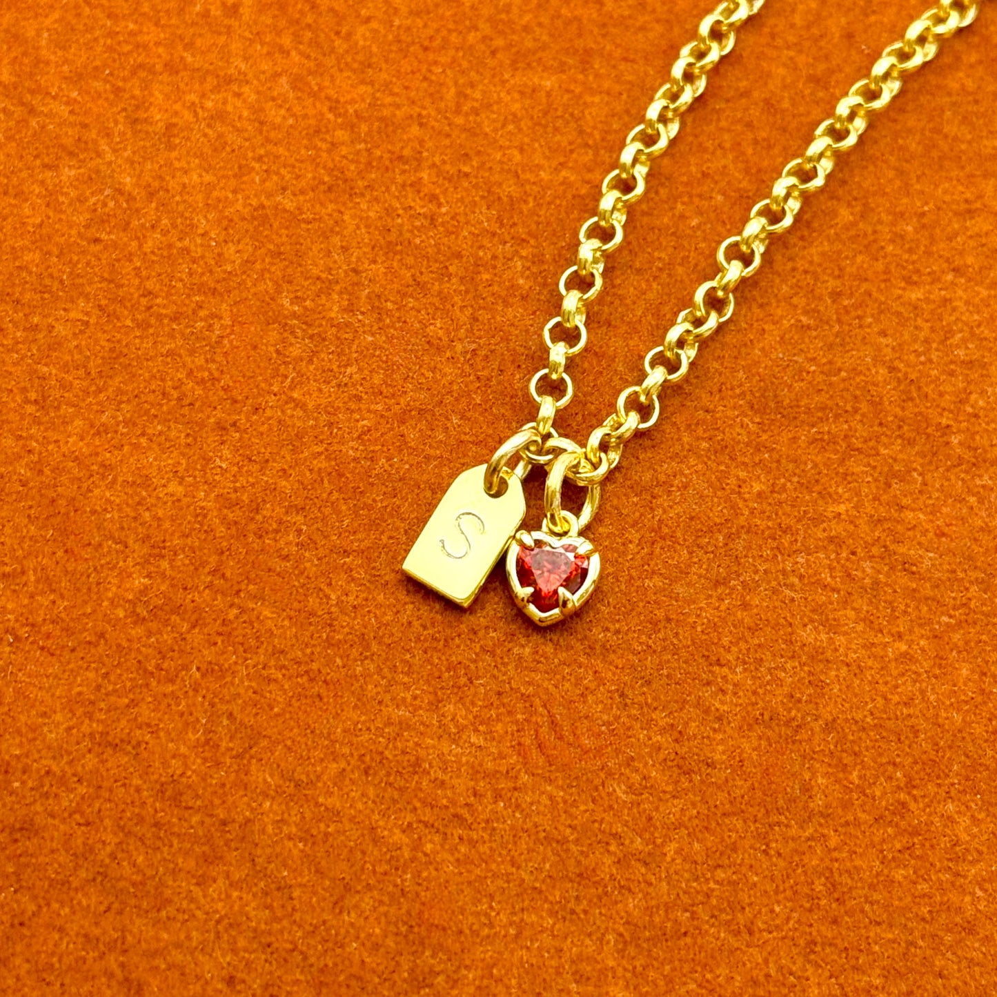 Initial Tag with Red Heart Pendant in Rolo Chain Bracelet
