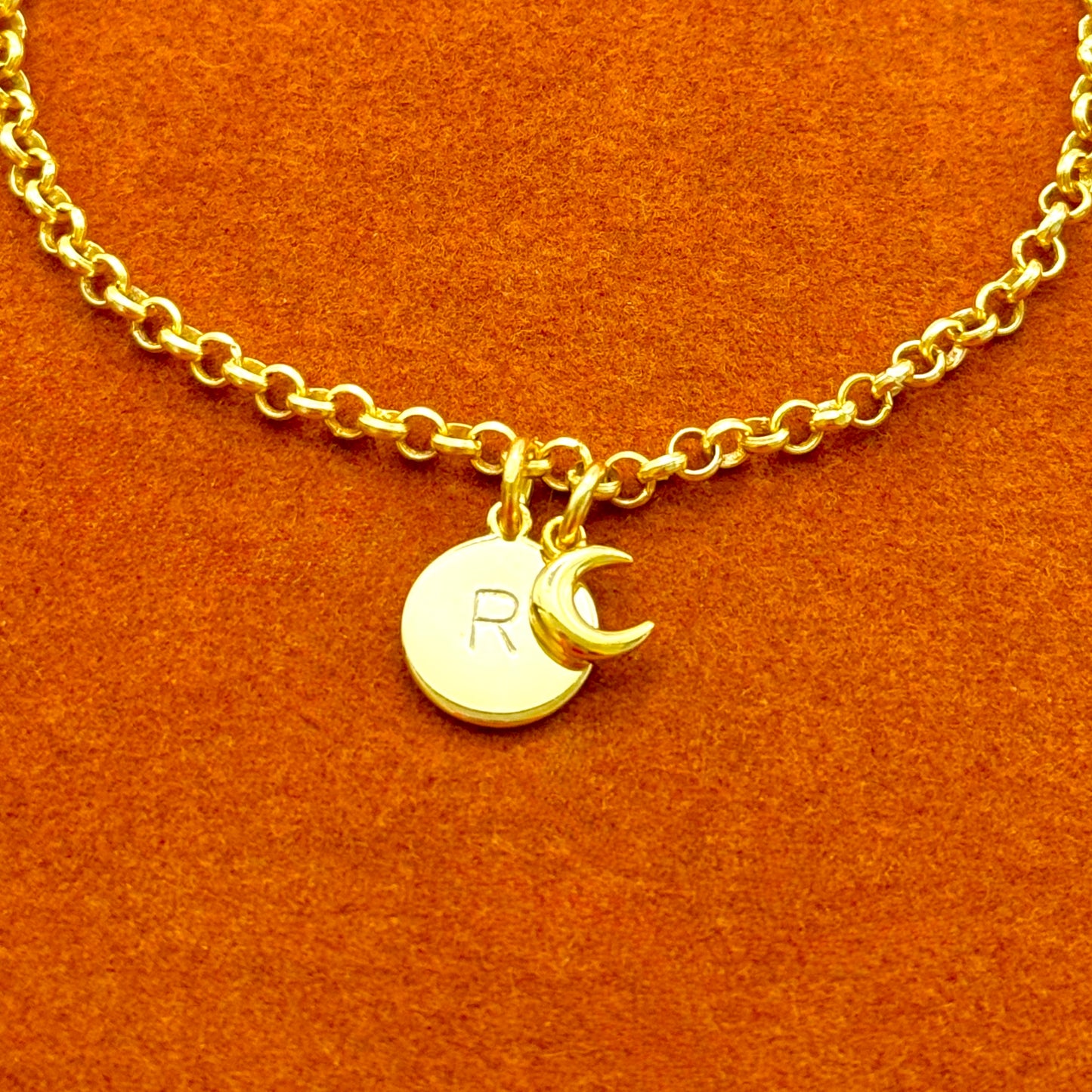 Round Initial with Moon Charm in Rolo Chain Bracelet