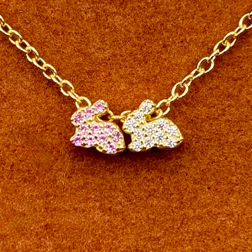 Tiny Two Lucky Bunnies in Pink and White Gemstone Necklace