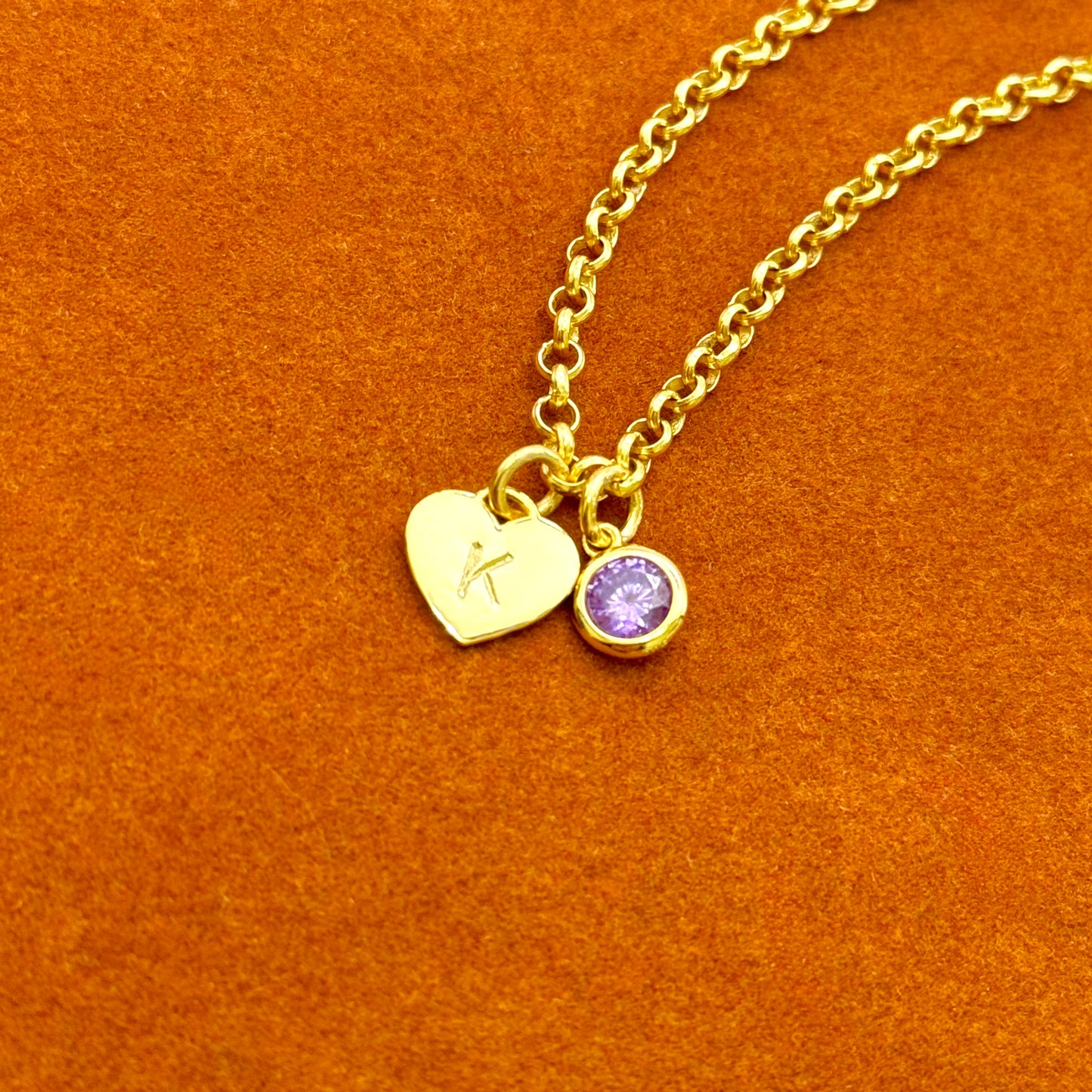 Heart Initial with Round Gemstone in Rolo Chain Bracelet
