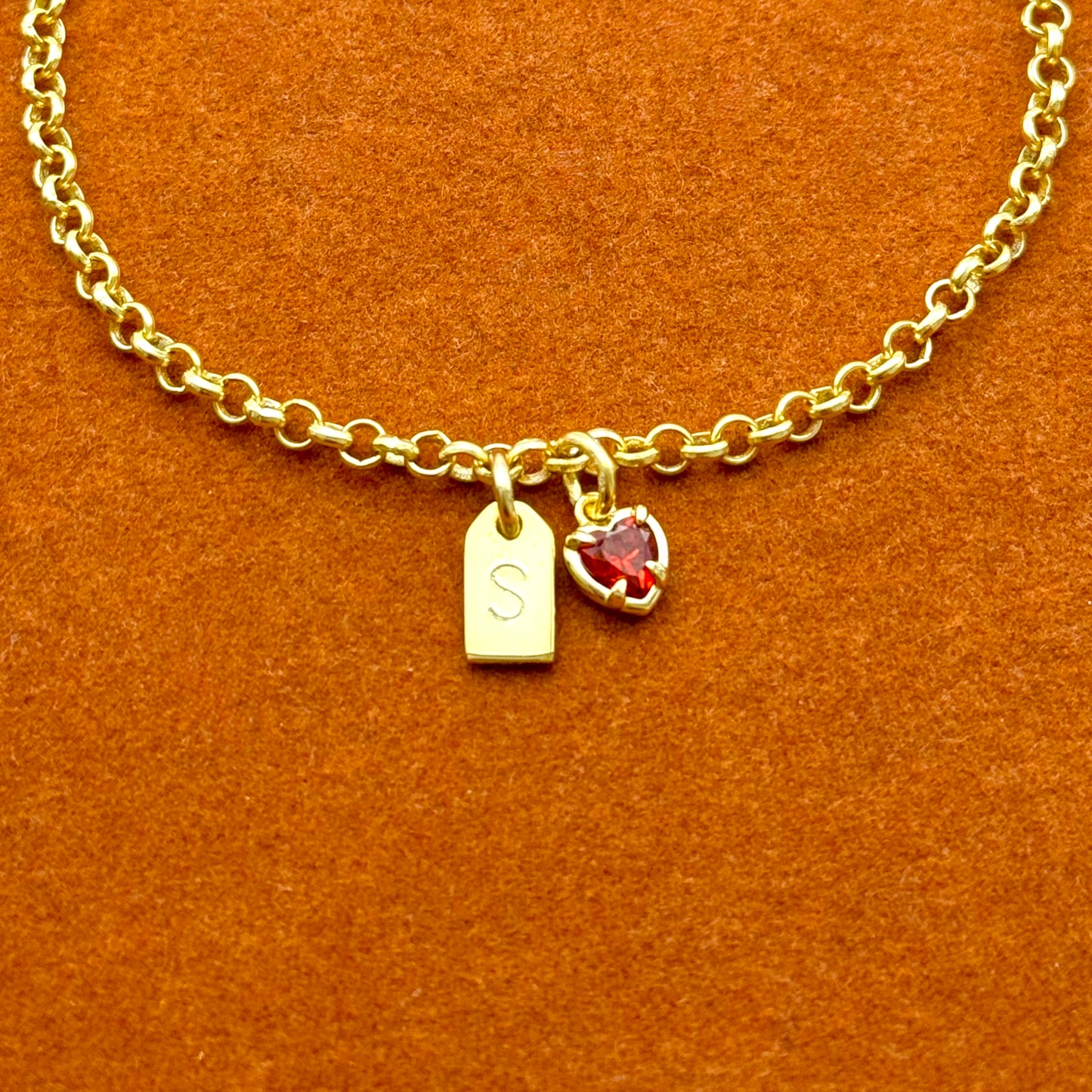 Initial Tag with Red Heart Pendant in Rolo Chain Bracelet