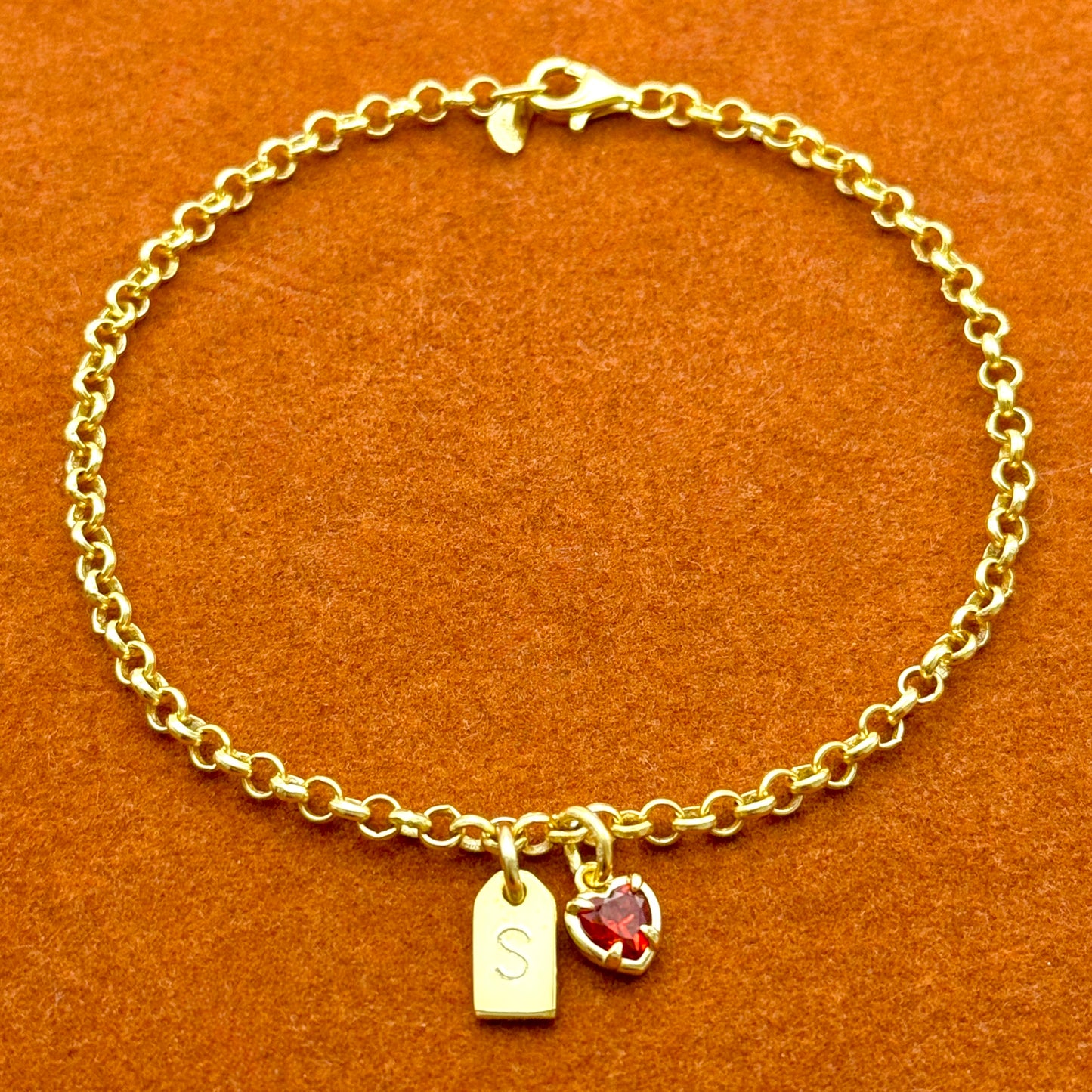 Initial Tag with Red Heart Pendant in Rolo Chain Bracelet