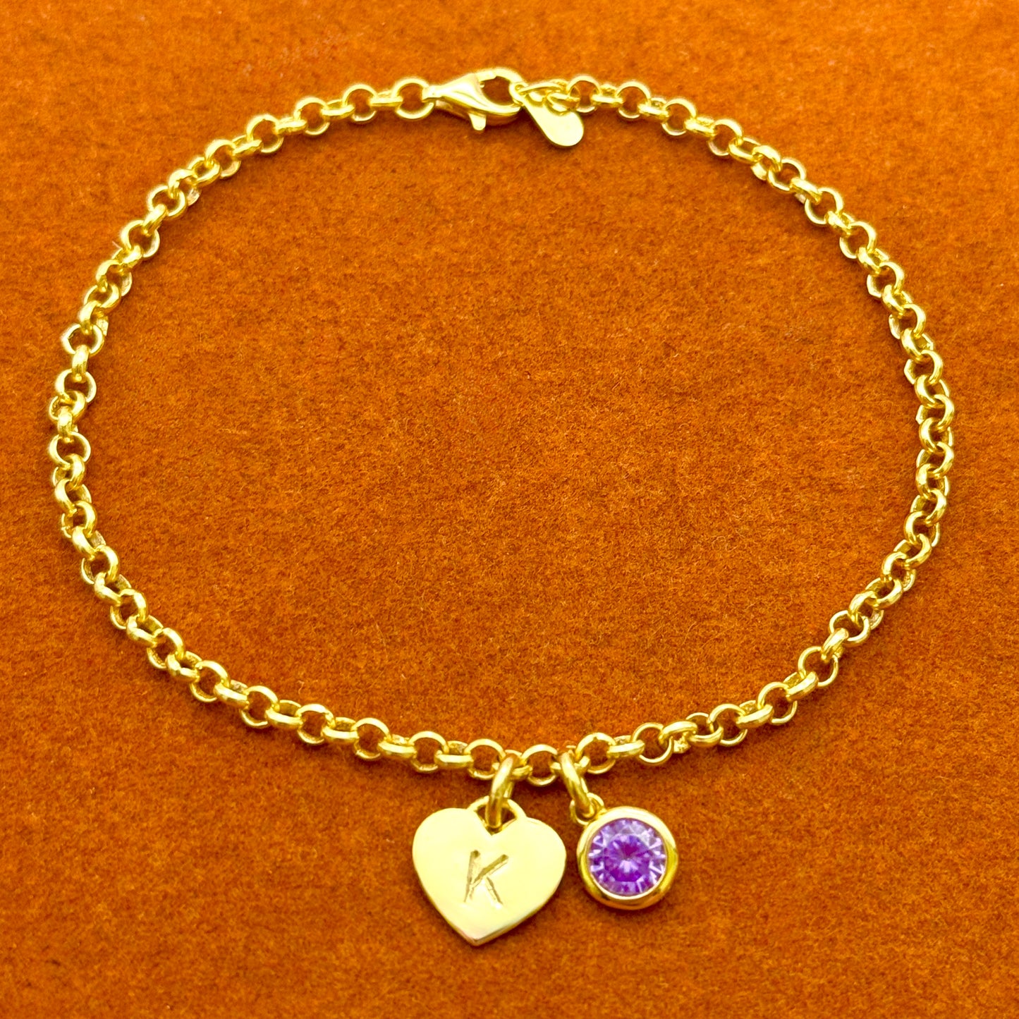 Heart Initial with Round Gemstone in Rolo Chain Bracelet