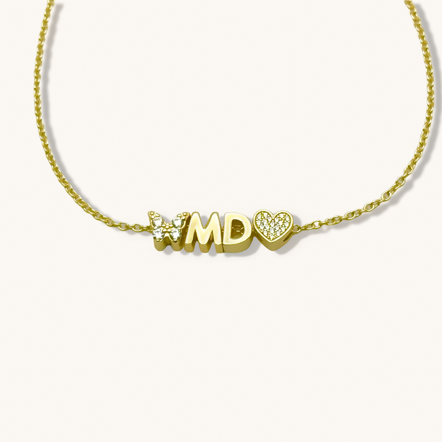 MD with Butterfly and Heart Gemstone with Adjustable Bracelet