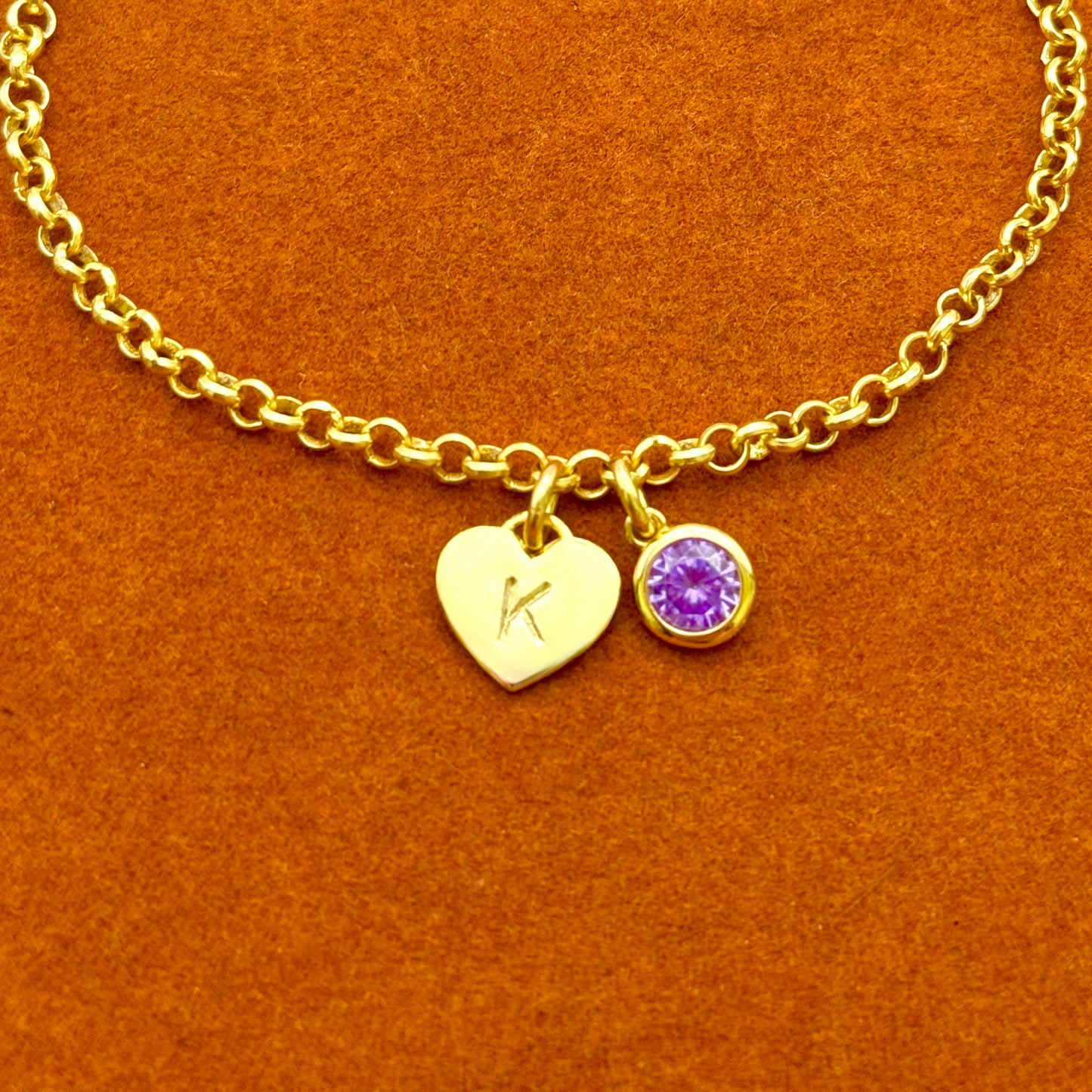 Heart Initial with Round Gemstone in Rolo Chain Bracelet