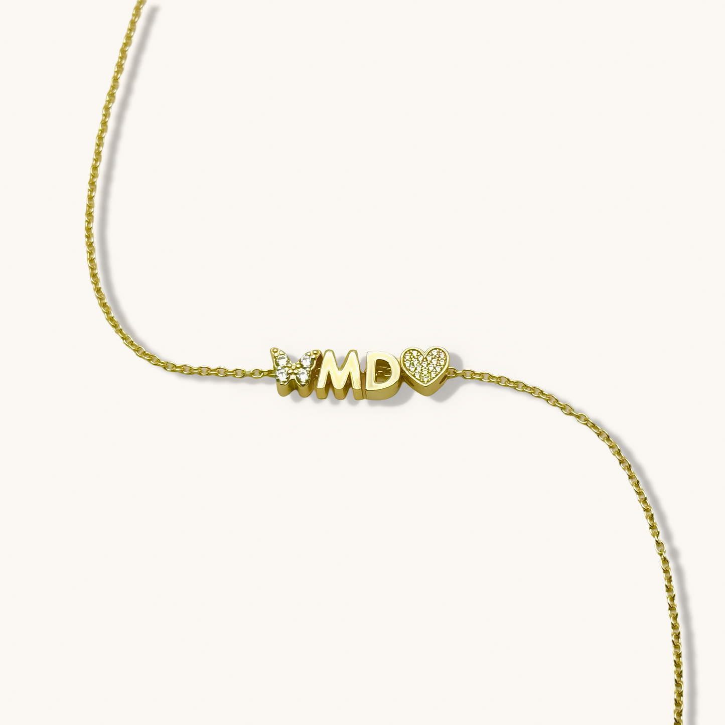 MD with Butterfly and Heart Gemstone with Adjustable Bracelet