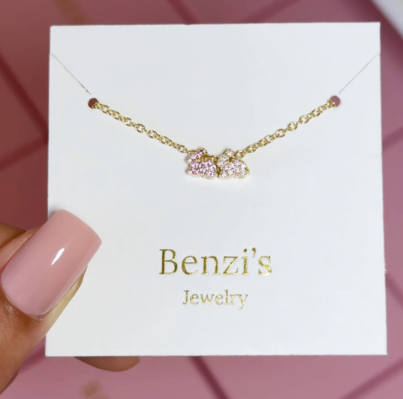 Tiny Two Lucky Bunnies in Pink and White Gemstone Necklace