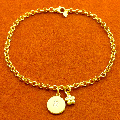 Round Initial with Flower Charm in Rolo Chain Bracelet