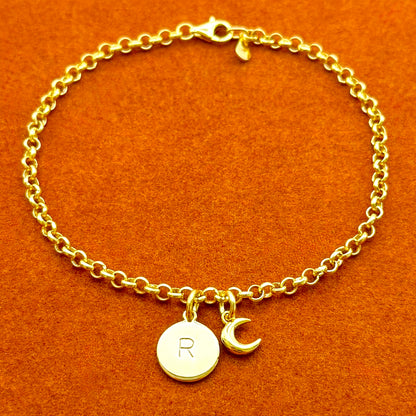 Round Initial with Moon Charm in Rolo Chain Bracelet