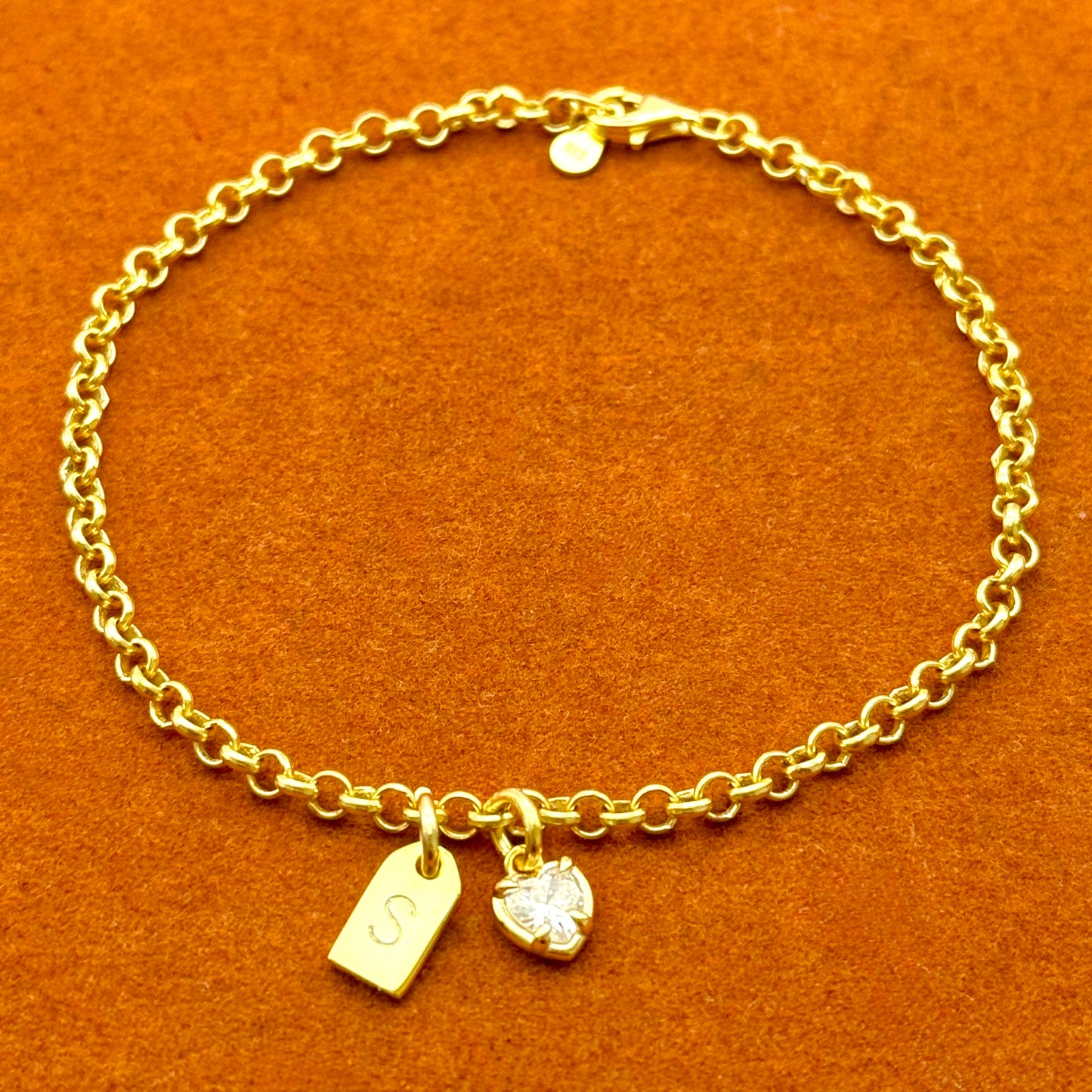 Initial Tag with Heart Charm in Rolo Chain Bracelet