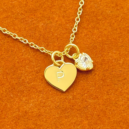 Heart with Initial and Heart Gemstone Pendant Necklace