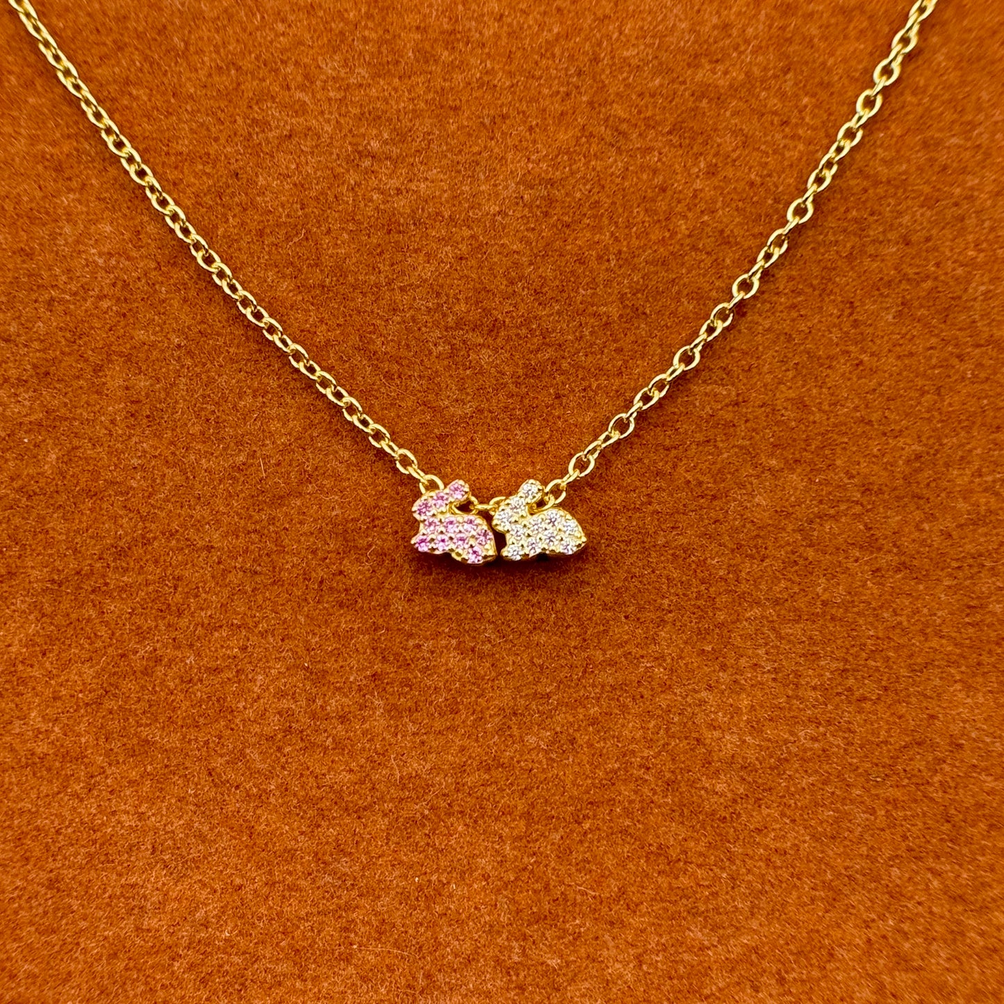 Two Lucky Bunnies Pink and White in Necklace