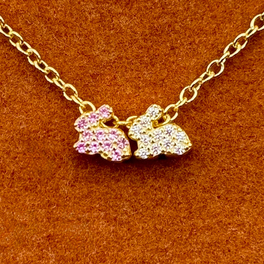 Tiny Two Lucky Bunnies in Pink and White Gemstone Necklace