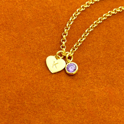 Heart Initial with Round Gemstone in Rolo Chain Bracelet