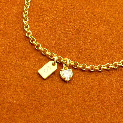 Initial Tag with Heart Charm in Rolo Chain Bracelet