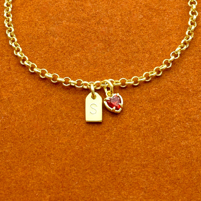 Initial Tag with Red Heart Pendant in Rolo Chain Bracelet