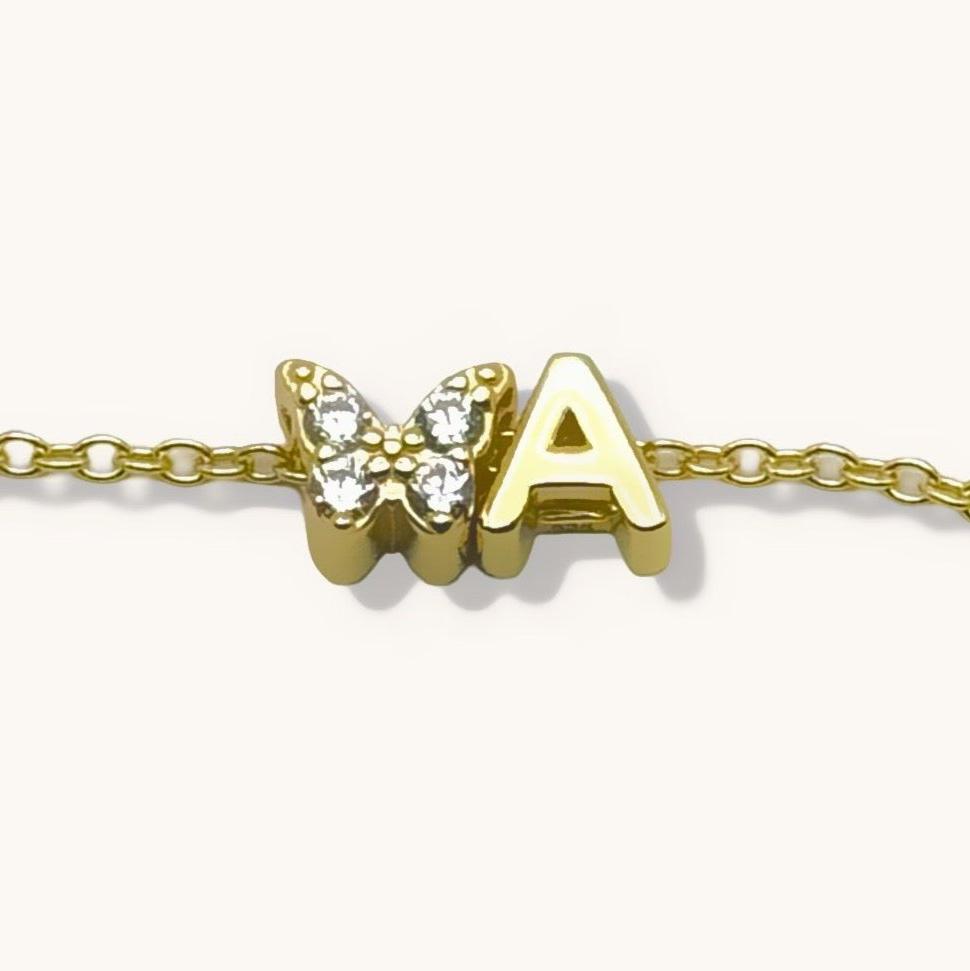 White Butterfly with Initial Letter Charm in Cable Necklace