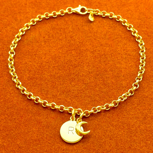 Round Initial with Moon Charm in Rolo Chain Bracelet