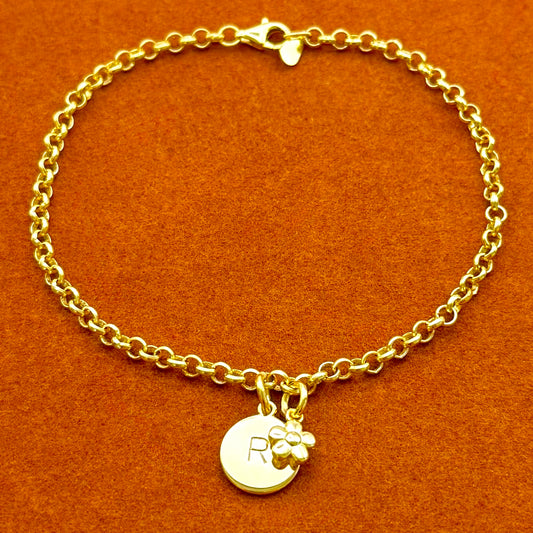 Round Initial with Flower Charm in Rolo Chain Bracelet