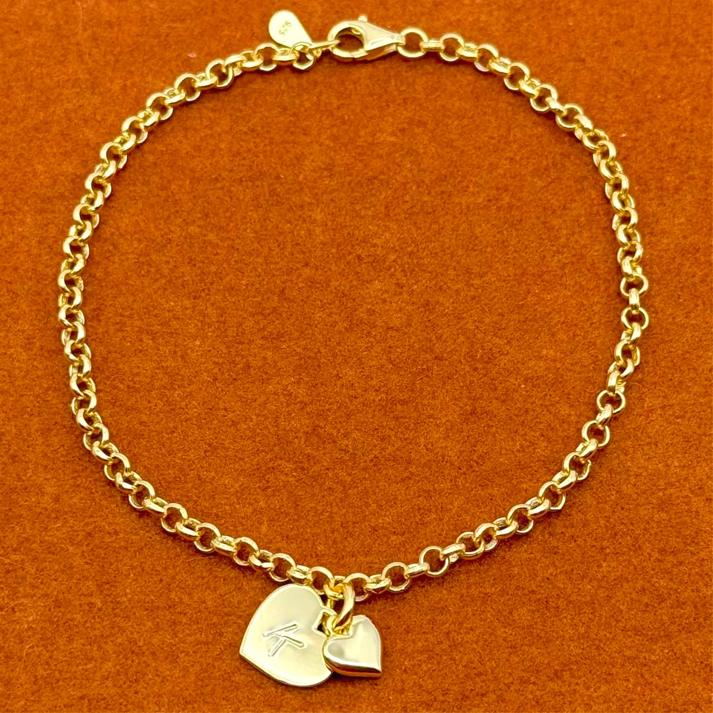 Heart Initial with Heart Charm in Rolo Chain Bracelet