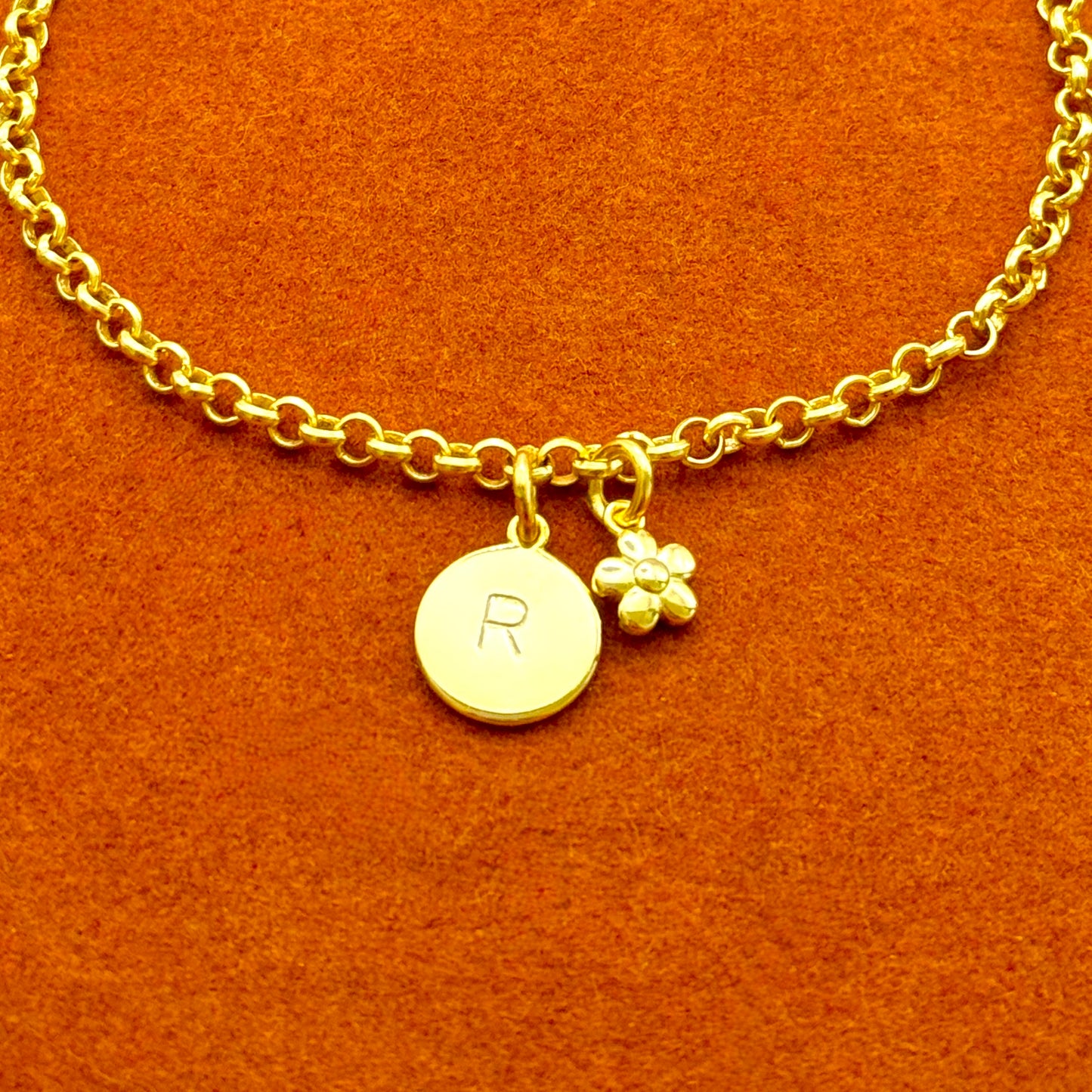 Round Initial with Flower Charm in Rolo Chain Bracelet