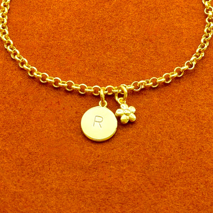 Round Initial with Flower Charm in Rolo Chain Bracelet