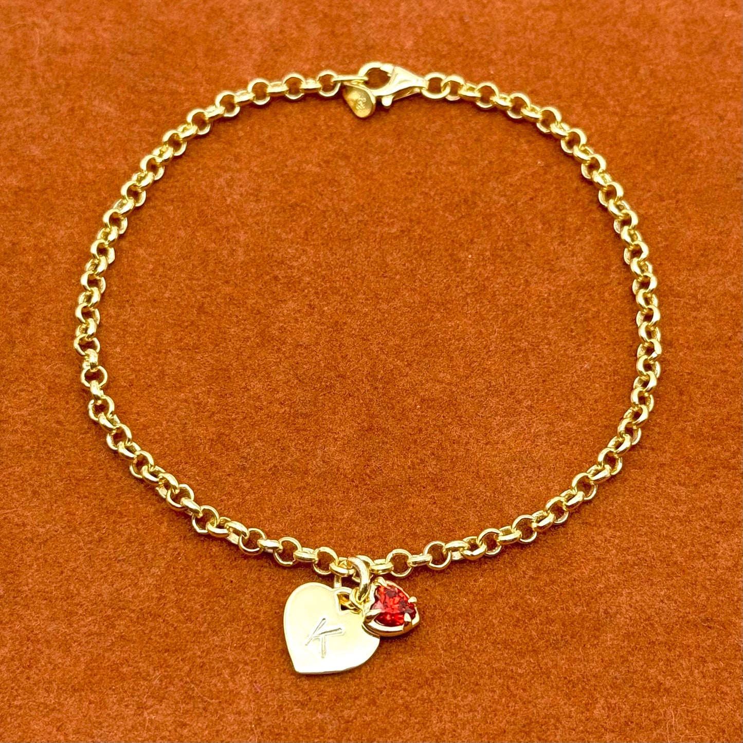 Heart Initial with Heart Gemstone Charm in Rolo Chain Bracelet