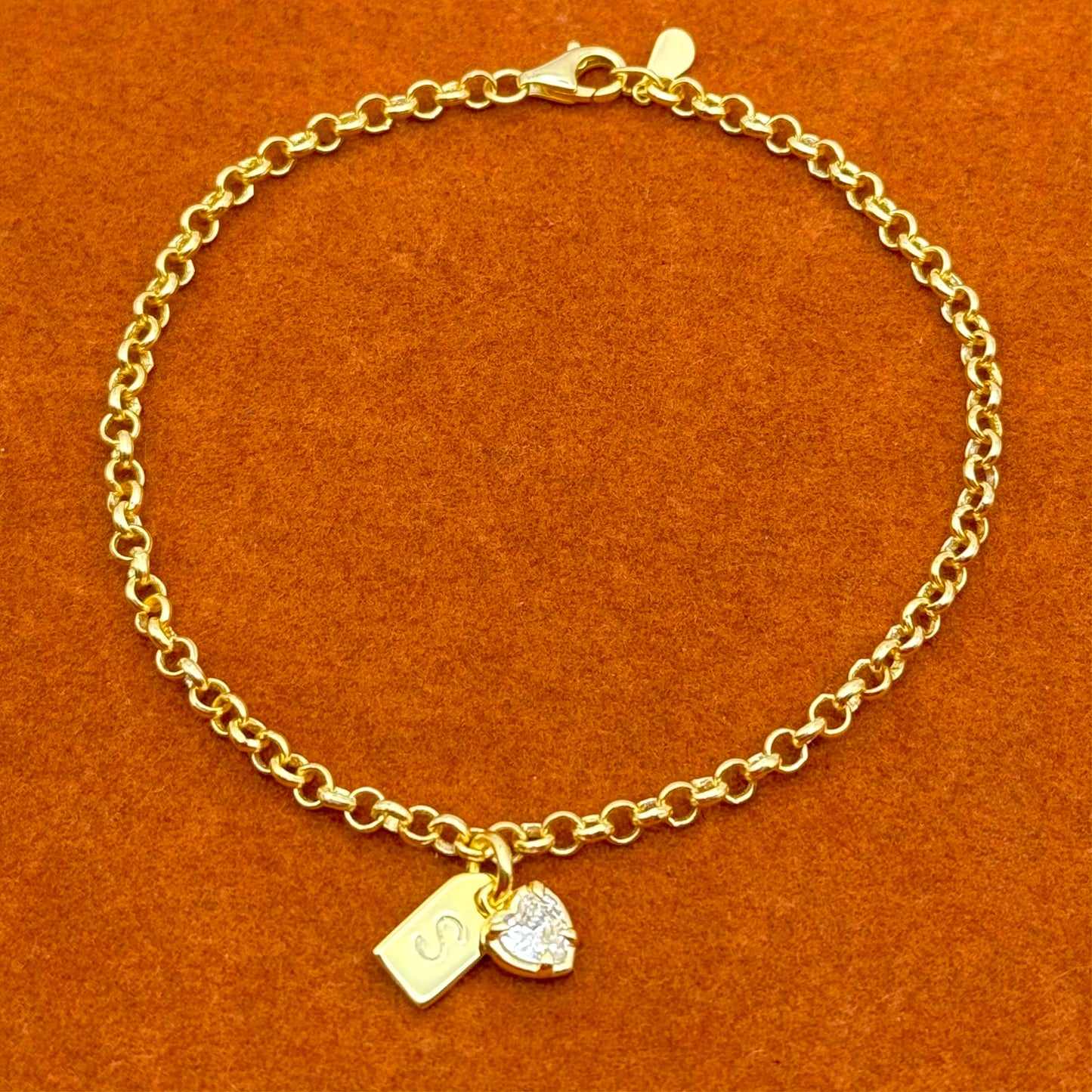 Initial Tag with Heart Charm in Rolo Chain Bracelet