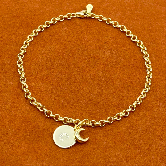 Round Initial with Moon Charm in Rolo Chain Bracelet