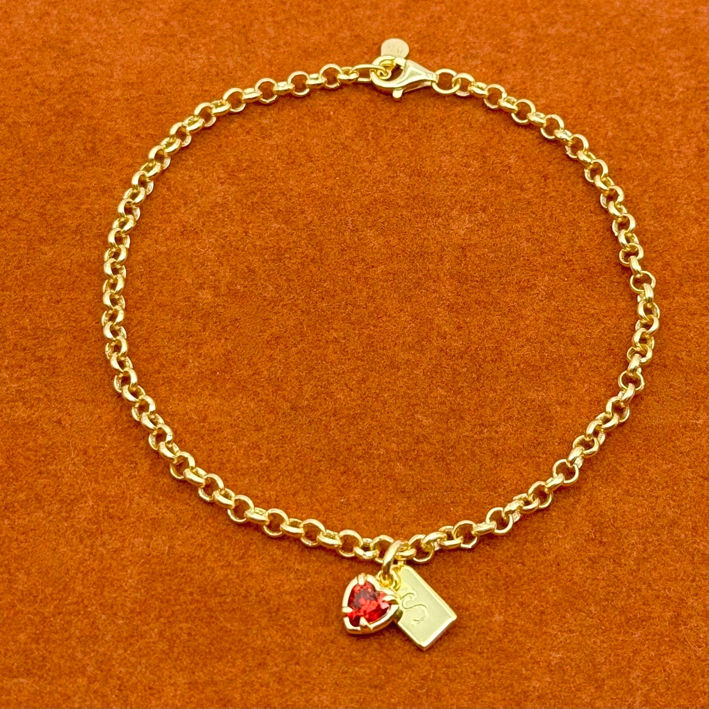 Initial Tag with Red Heart Pendant in Rolo Chain Bracelet