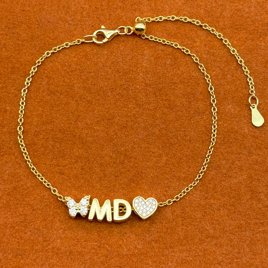 MD with Butterfly and Heart Gemstone with Adjustable Bracelet