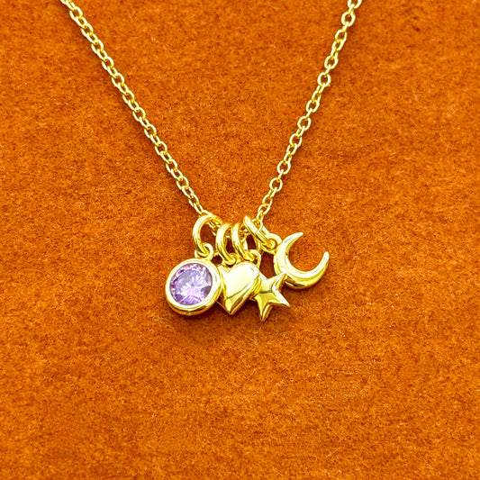 Collar con piedra natal, corazón, estrella y luna