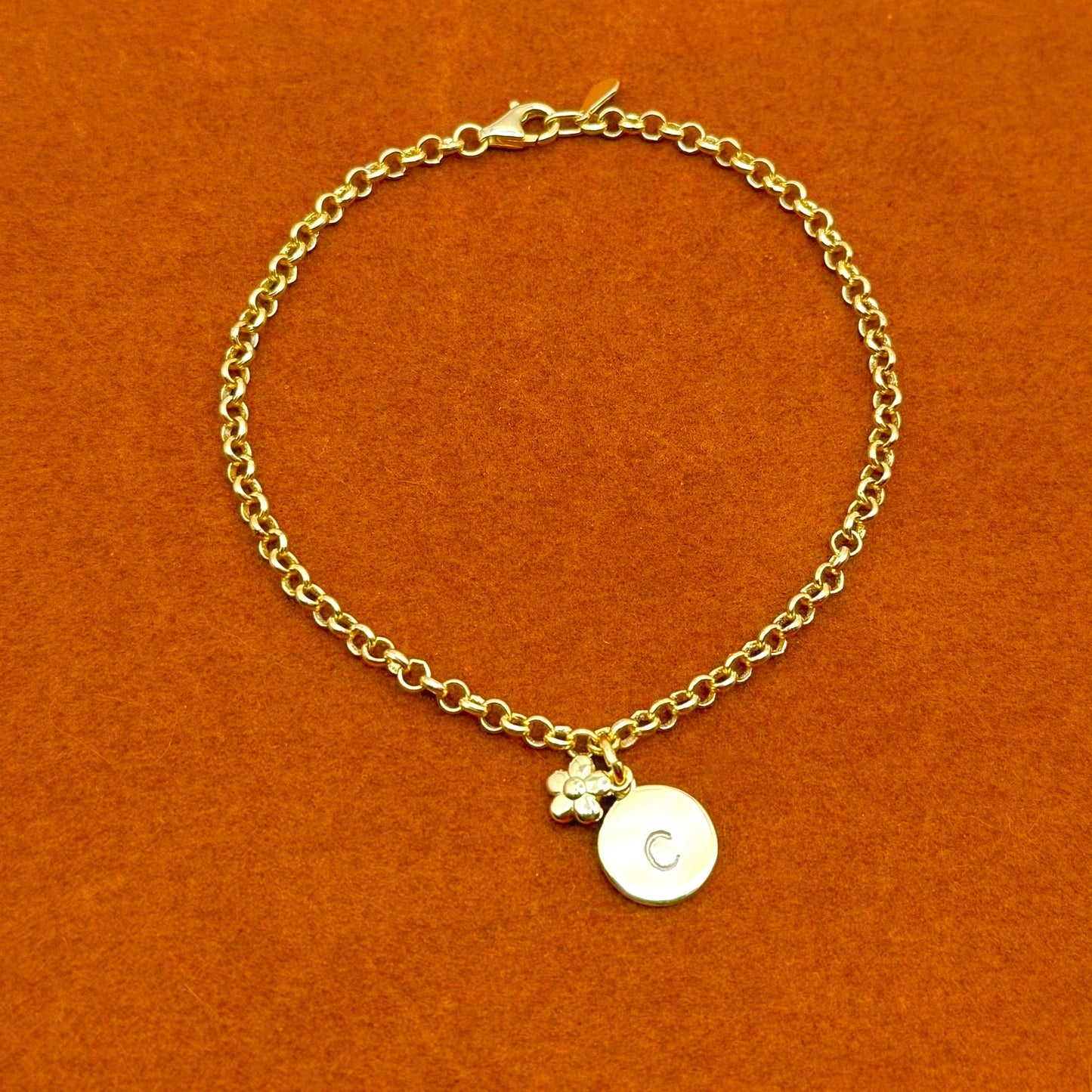 Round Initial with Flower Charm in Rolo Chain Bracelet