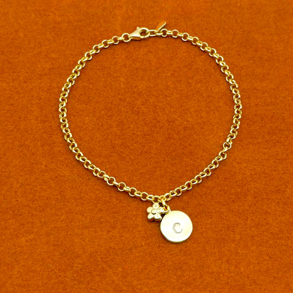 Round Initial with Flower Charm in Rolo Chain Bracelet