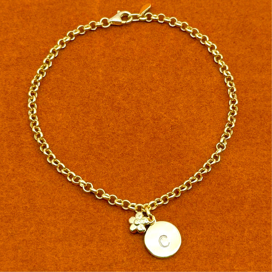 Round Initial with Flower Charm in Rolo Chain Bracelet