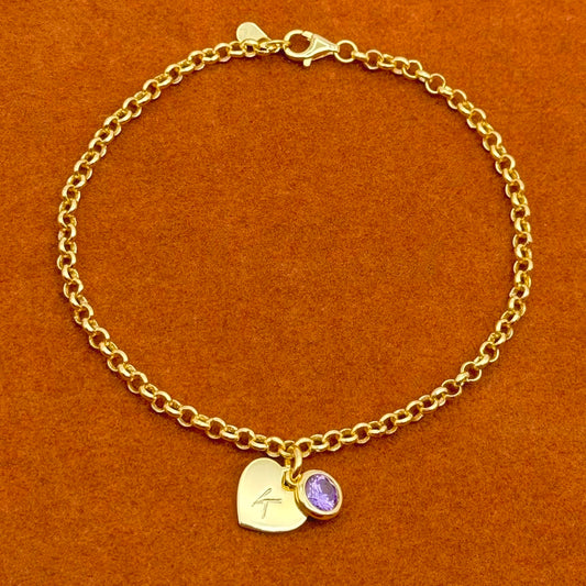 Heart Initial with Round Gemstone in Rolo Chain Bracelet