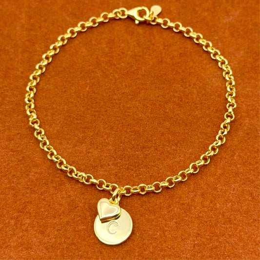 Round Initial with Heart Charm in Rolo Chain Bracelet