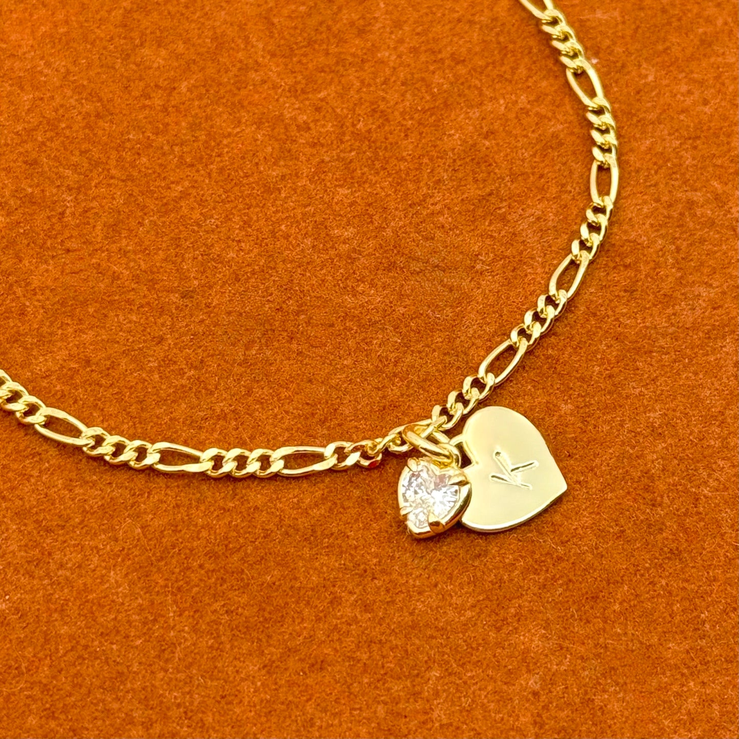 Heart Initial with Heart Gemstone Charm in Figaro Chain Bracelet