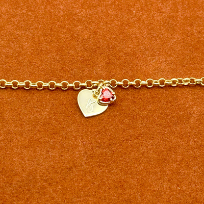 Heart Initial with Heart Gemstone Charm in Rolo Chain Bracelet