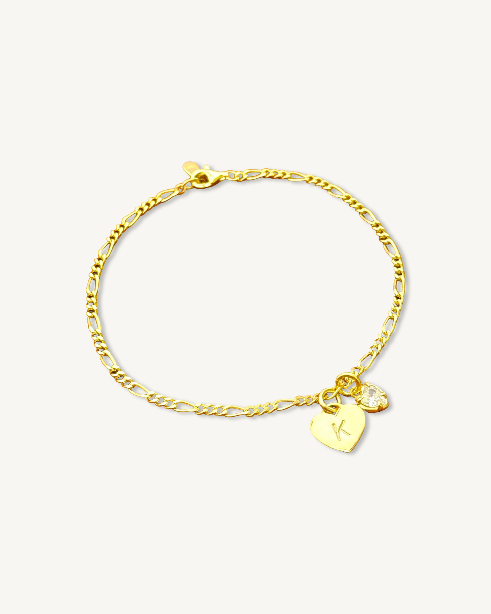 Pulsera de cadena Figaro con dije de piedra preciosa con inicial de corazón