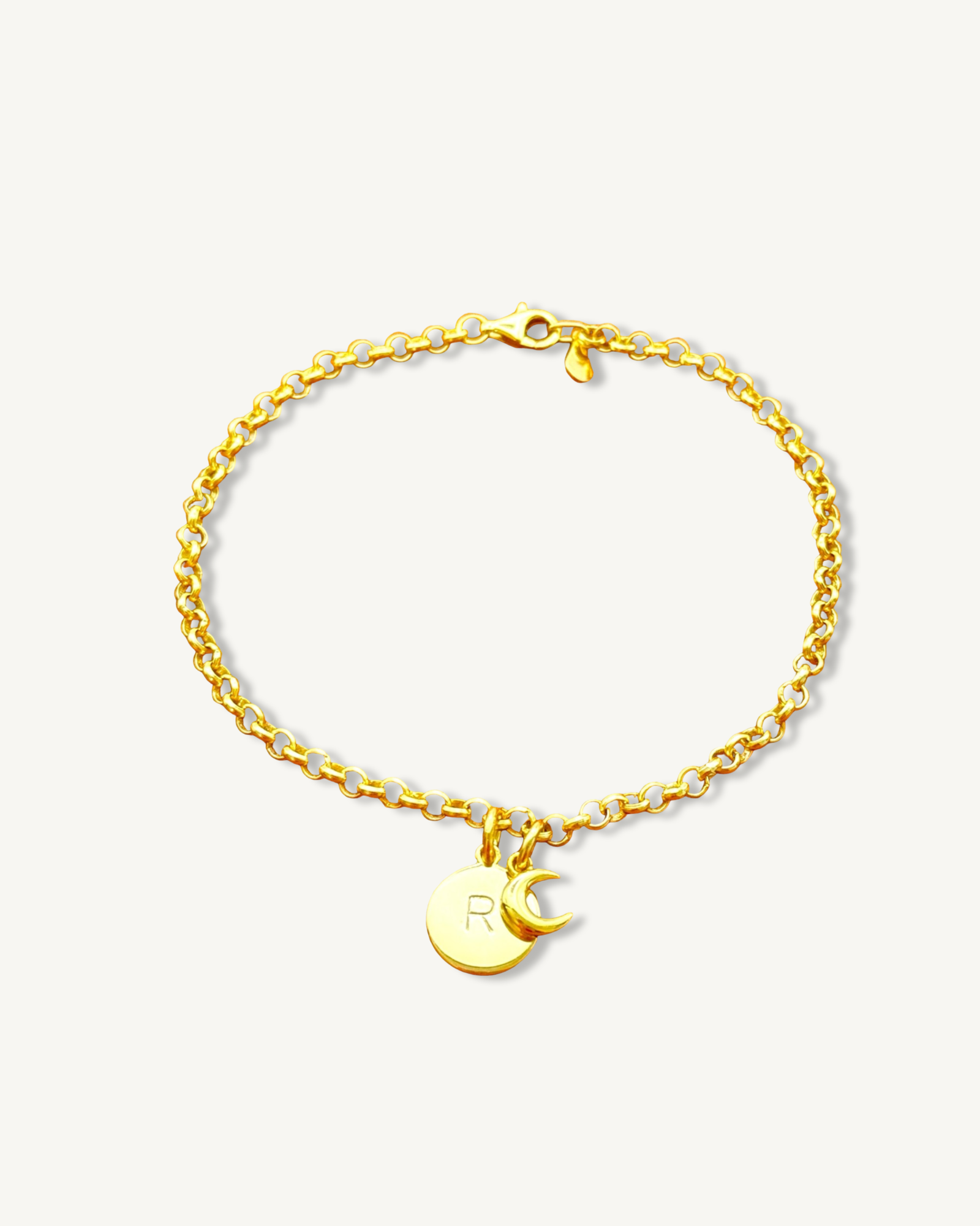 Pulsera de cadena rolo con inicial redonda y dije de luna