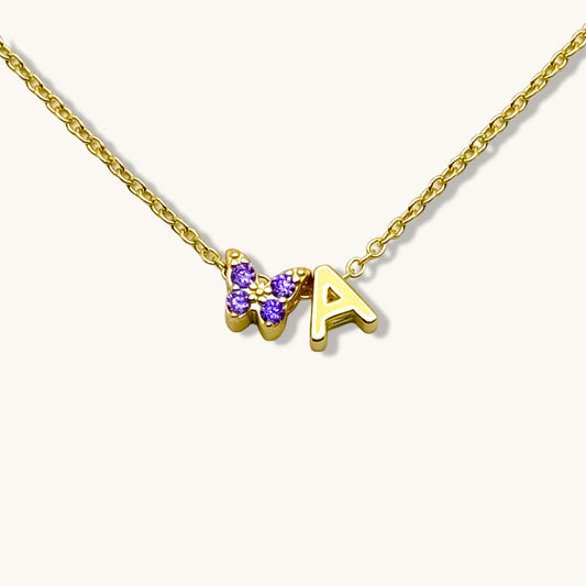 Purple Gemstone Butterfly with Initial Charm Necklace