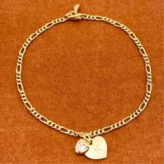 Heart Initial with Heart Gemstone Charm in Figaro Chain Bracelet