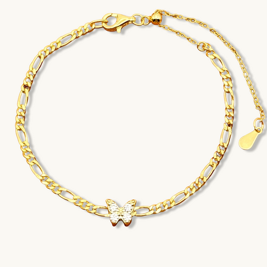 Pulsera de cadena Figaro ajustable con mariposa blanca