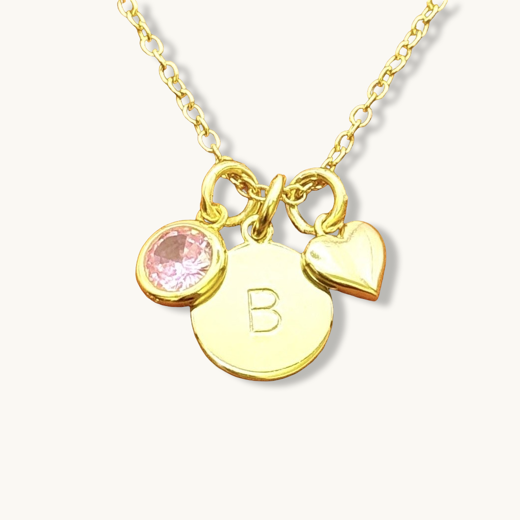 Collar con inicial, piedra natal y corazón