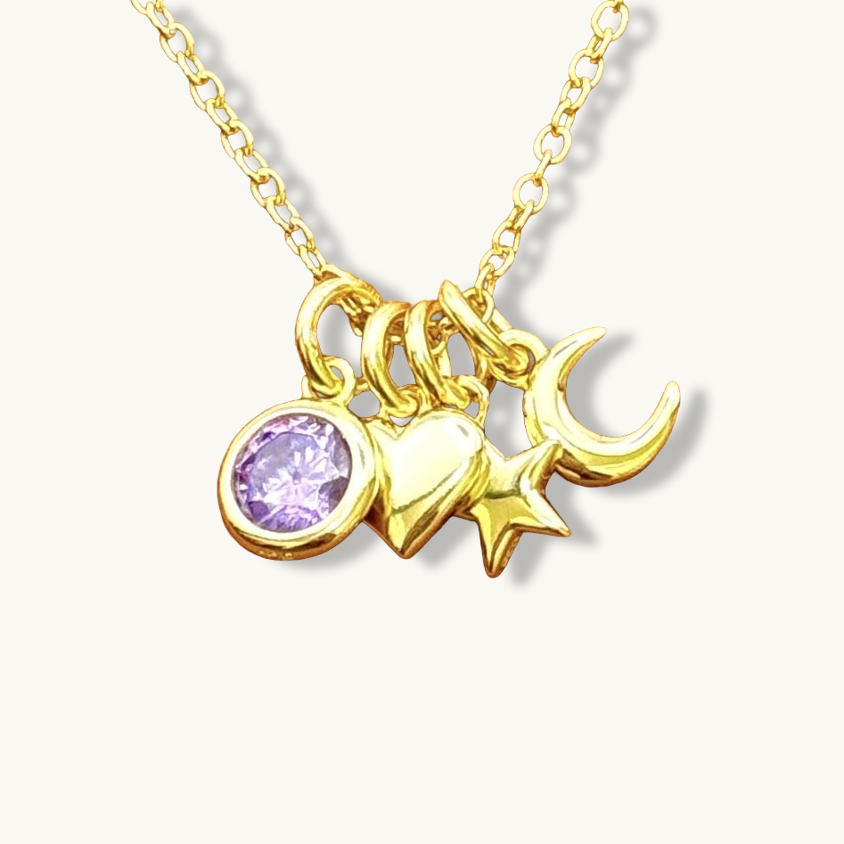Collar con piedra natal, corazón, estrella y luna