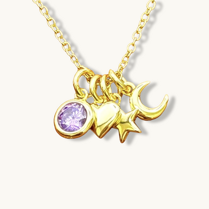 Collar con piedra natal, corazón, estrella y luna