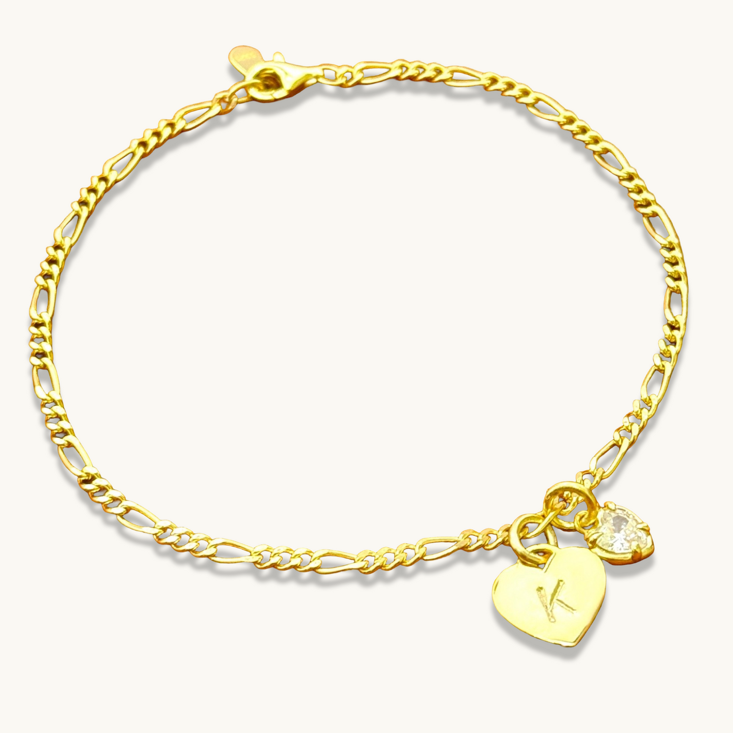 Pulsera de cadena Figaro con dije de piedra preciosa con inicial de corazón