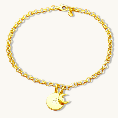 Pulsera de cadena rolo con inicial redonda y dije de luna